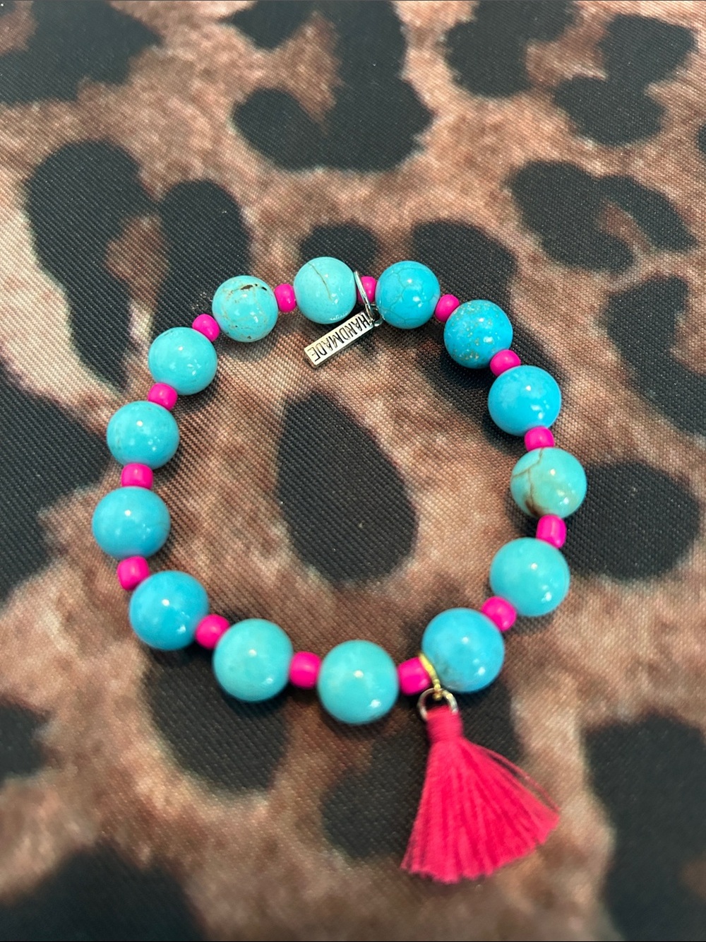 Handmade Turquoise & Hot Pink Beaded Tassel Bracelet